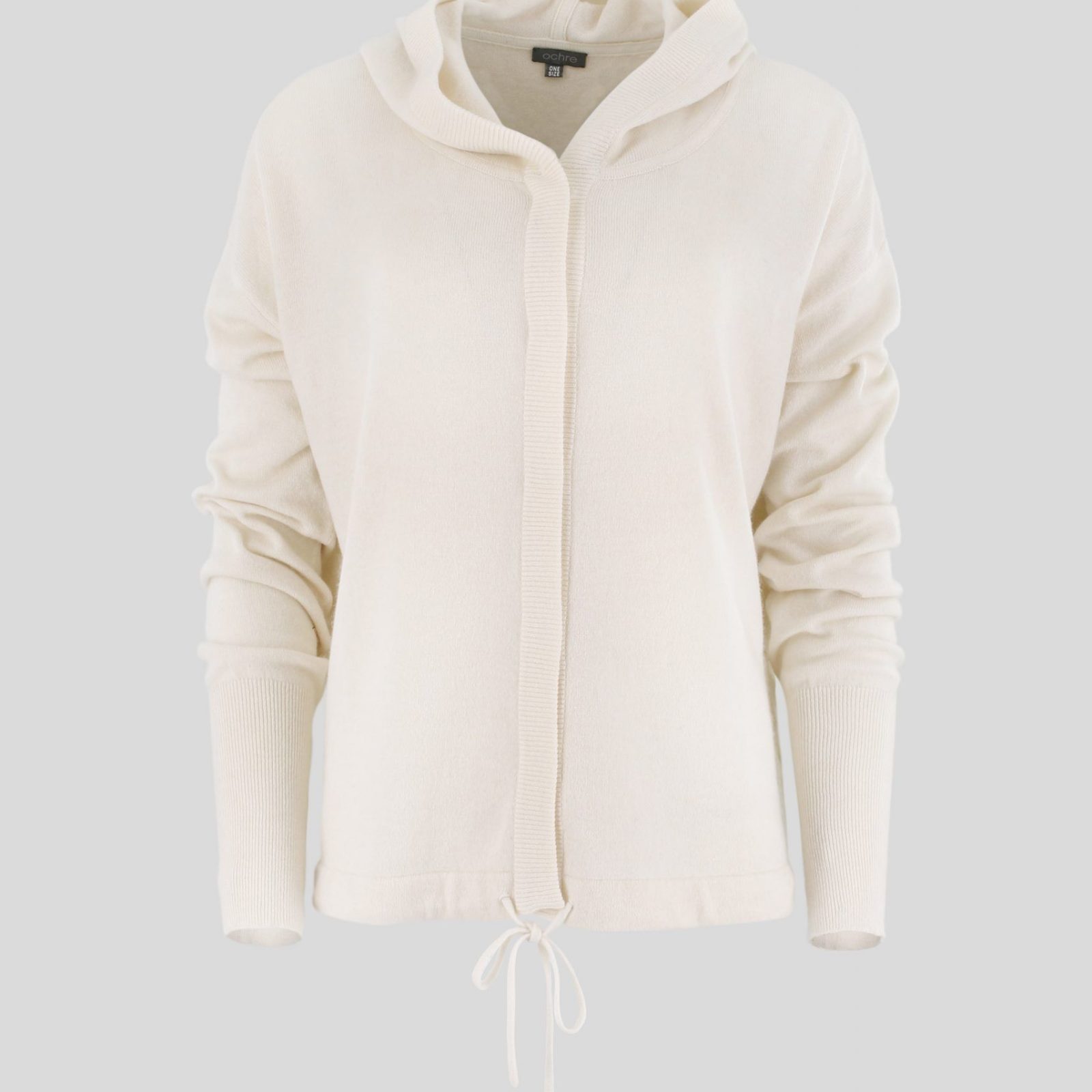 Fleur-cardigan-ivory-colour-front-view - Ochre Knitwear cardigan with hood in ivory colour front view