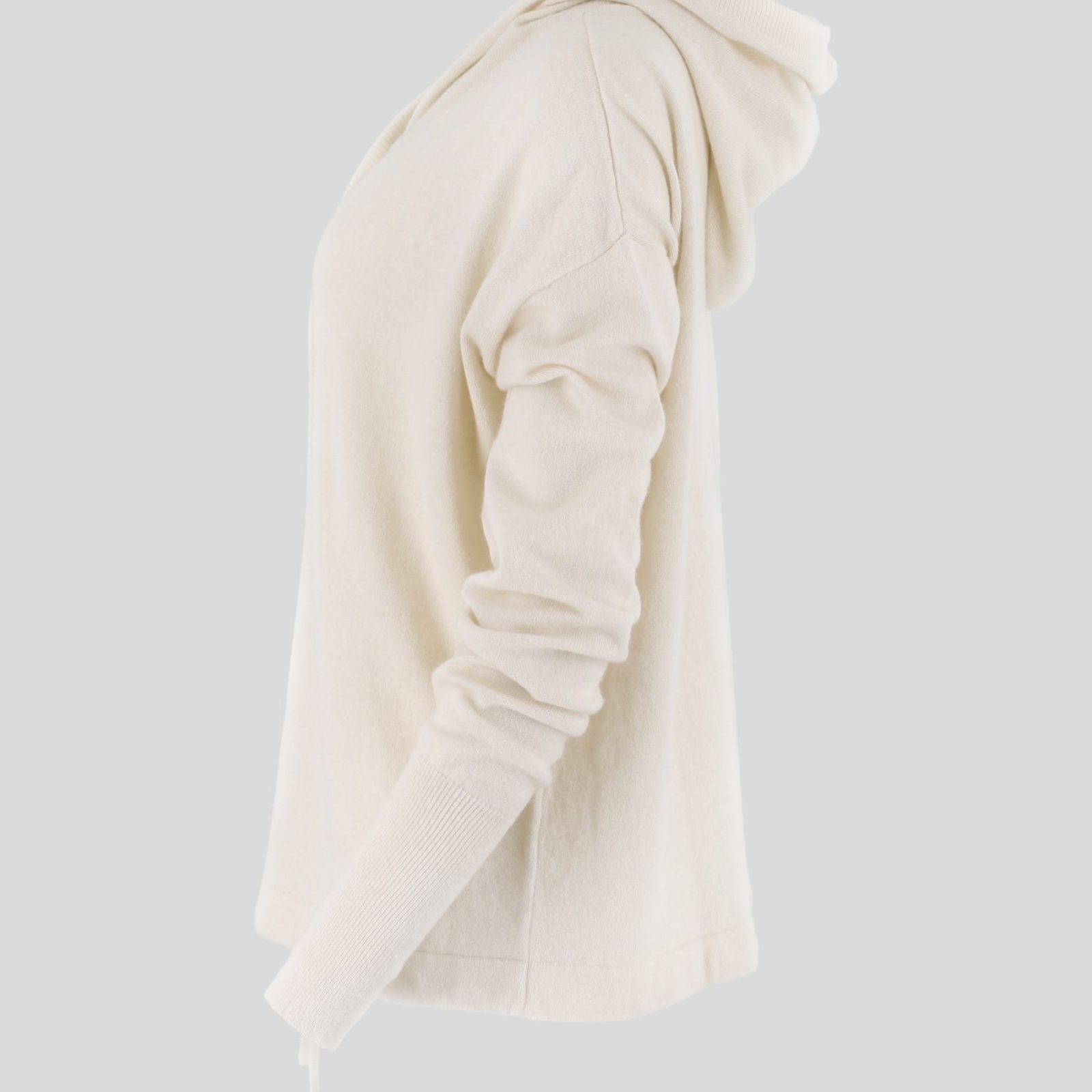 Fleur-cardigan-ivory-colour-profile-view - Ochre Knitwear cardigan with hood in ivory colour profile view
