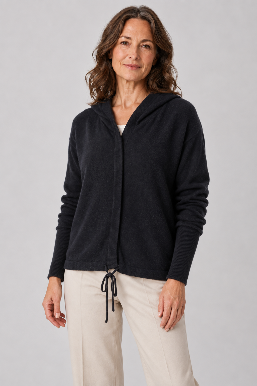 Fleur-cardigan-with-hood-black-front-view-model - Ochre Knitwear
