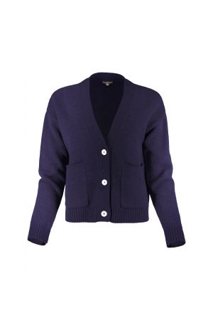 cardigan with buttons and 2 patched pockets in blueberry colour front view