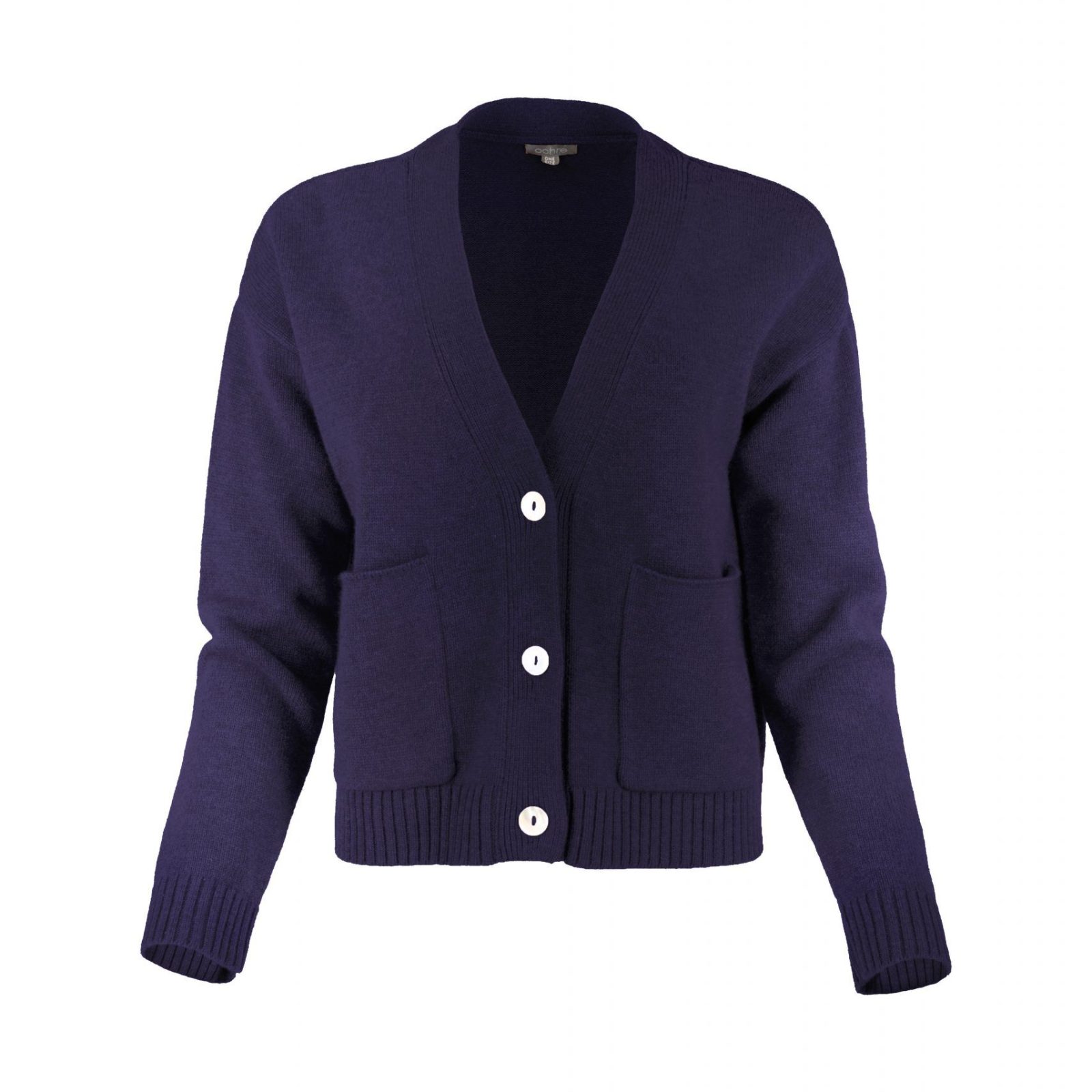 cardigan with buttons and 2 patched pockets in blueberry colour front view