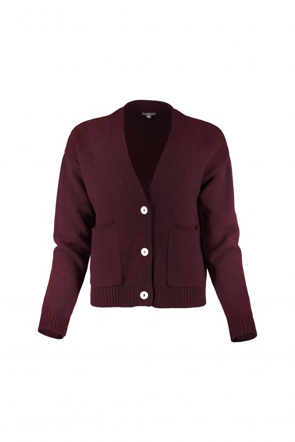 cardigan with buttons and 2 patched pockets in burgundy colour front view