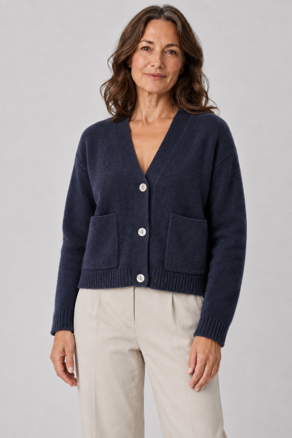 cardigan with buttons and 2 patched pockets in navy colour front view model wears it.