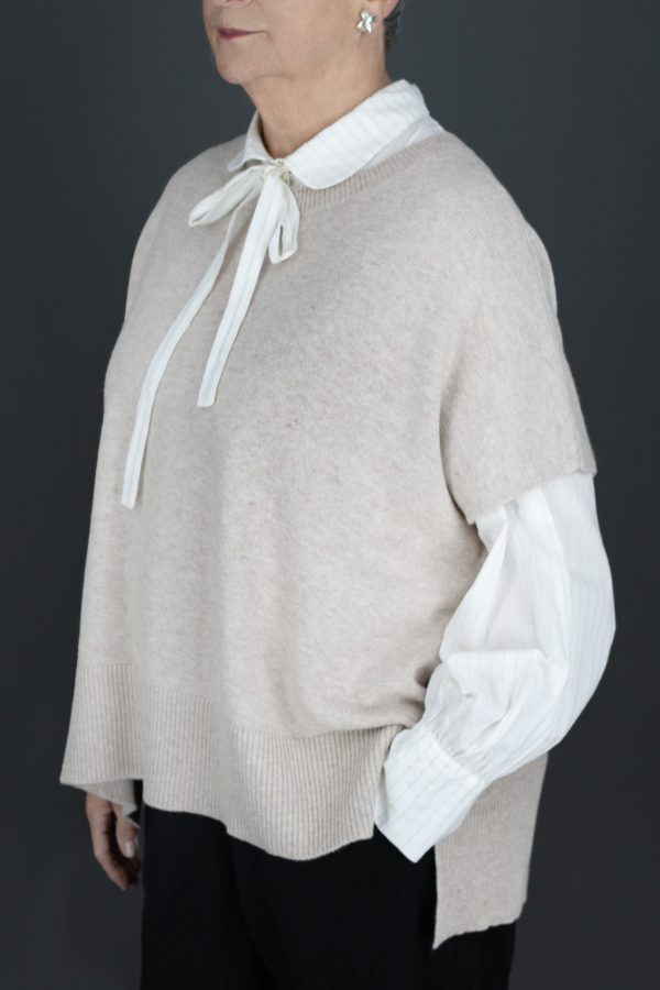 cashmere mix jumper, sleeveless in oatmeal colour side view
