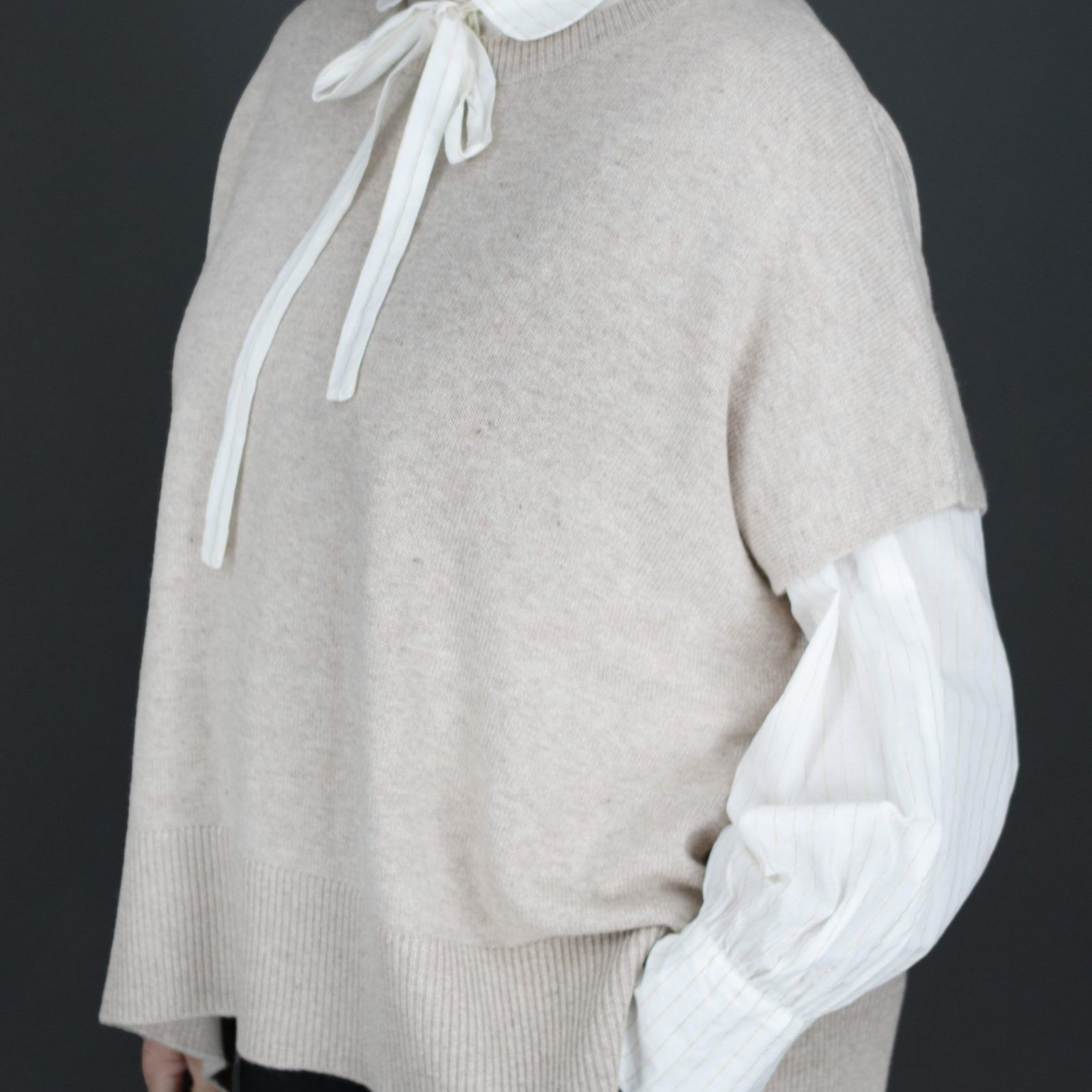 Siggy-cashmere-jumper - Ochre Knitwear cashmere mix jumper, sleeveless in oatmeal colour side view