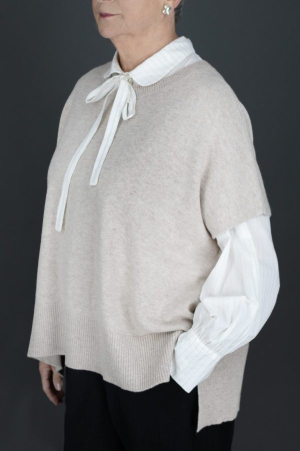 Siggy-cashmere-jumper - Ochre Knitwear cashmere mix jumper, sleeveless in oatmeal colour side view