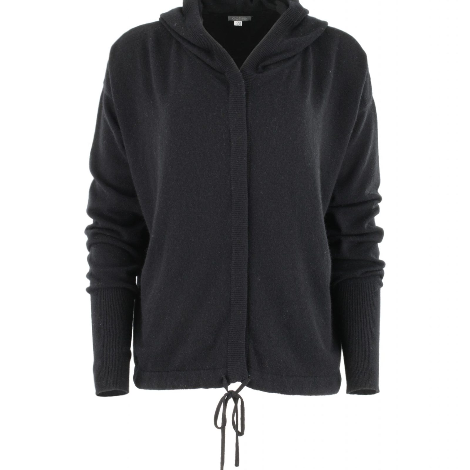 cardigan with hood in black colour front view