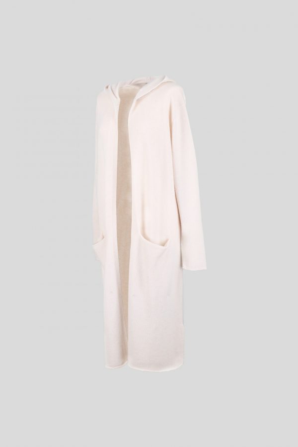 long hooded cardigan in soft pink colour side view
