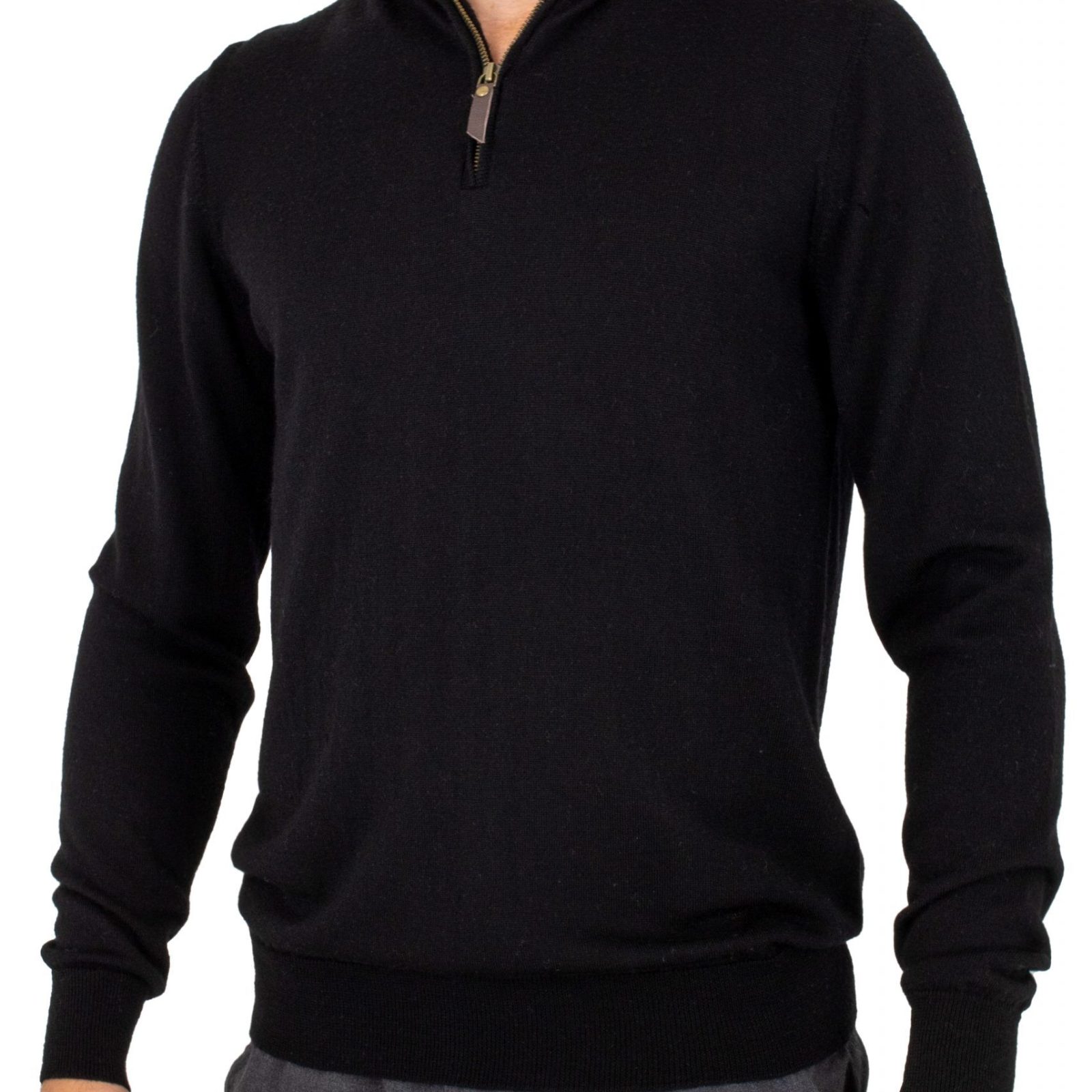 Miles-men’s-merino-zip-neck-jumper-black - Ochre Knitwear men’s merino zip neck jumper with long sleeves in black colour, front view