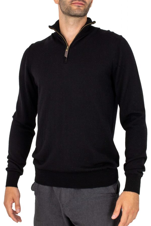 Miles-men’s-merino-zip-neck-jumper-black - Ochre Knitwear men’s merino zip neck jumper with long sleeves in black colour, front view