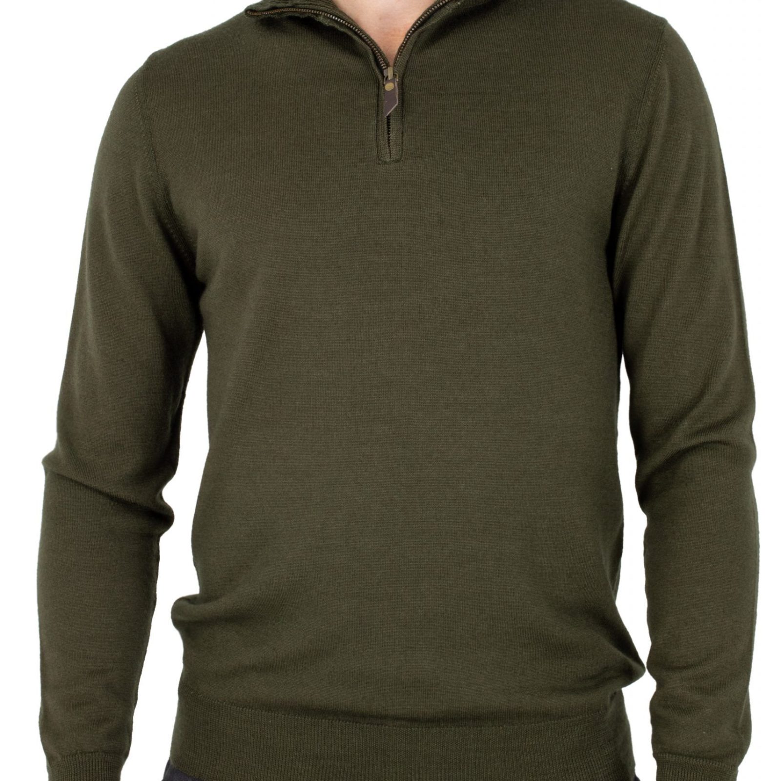 Miles-men’s-merino-zip-neck-jumper-fir-green - Ochre Knitwear men’s merino zip neck jumper with long sleeves in fir green colour, front view