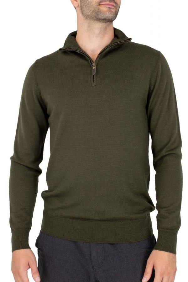 Miles-men’s-merino-zip-neck-jumper-fir-green - Ochre Knitwear men’s merino zip neck jumper with long sleeves in fir green colour, front view
