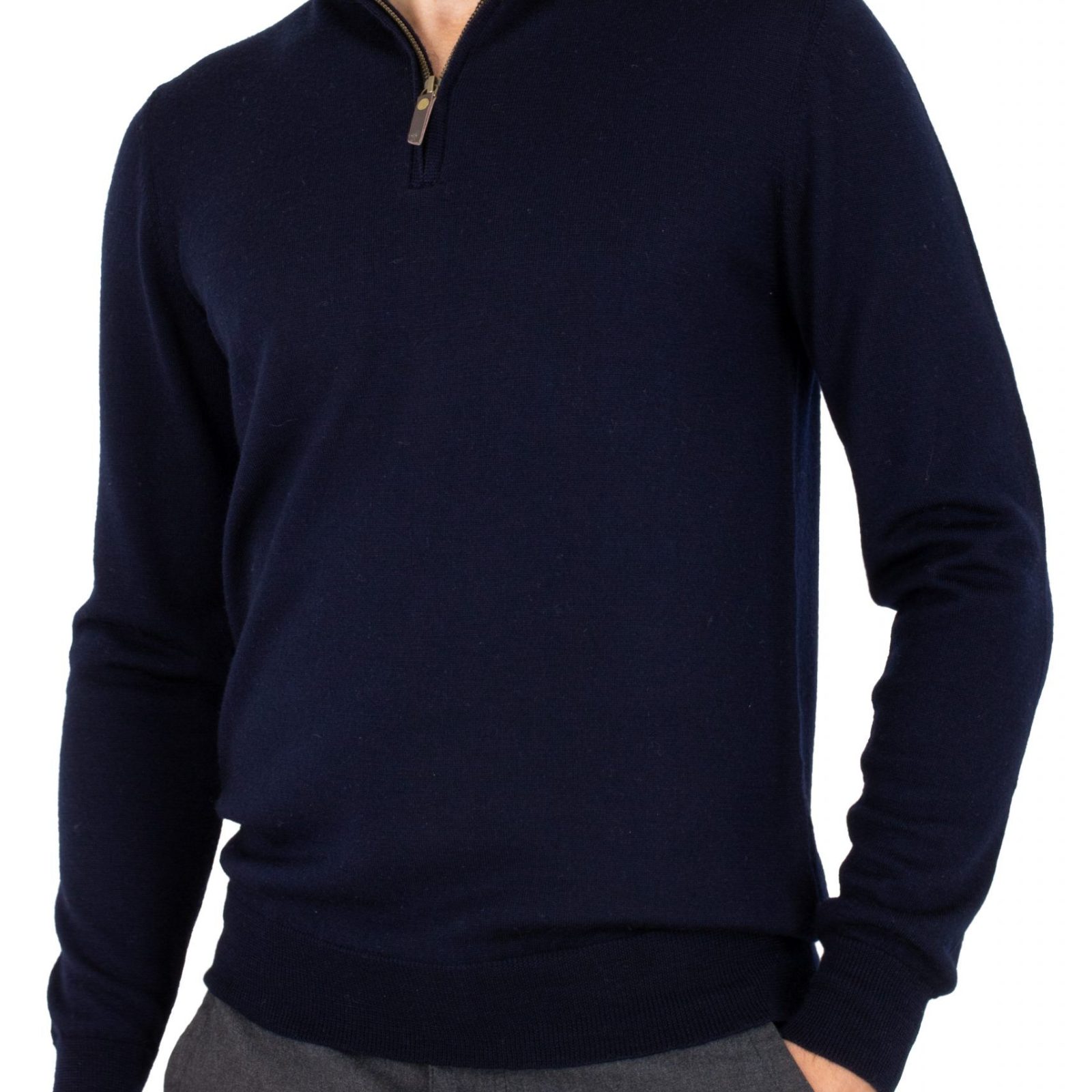 Miles-men’s-merino-zip-neck-jumper-navy - Ochre Knitwear men’s merino zip neck jumper with long sleeves in navy colour, front view