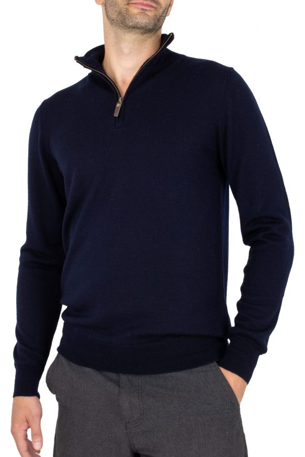 Miles-men’s-merino-zip-neck-jumper-navy - Ochre Knitwear men’s merino zip neck jumper with long sleeves in navy colour, front view