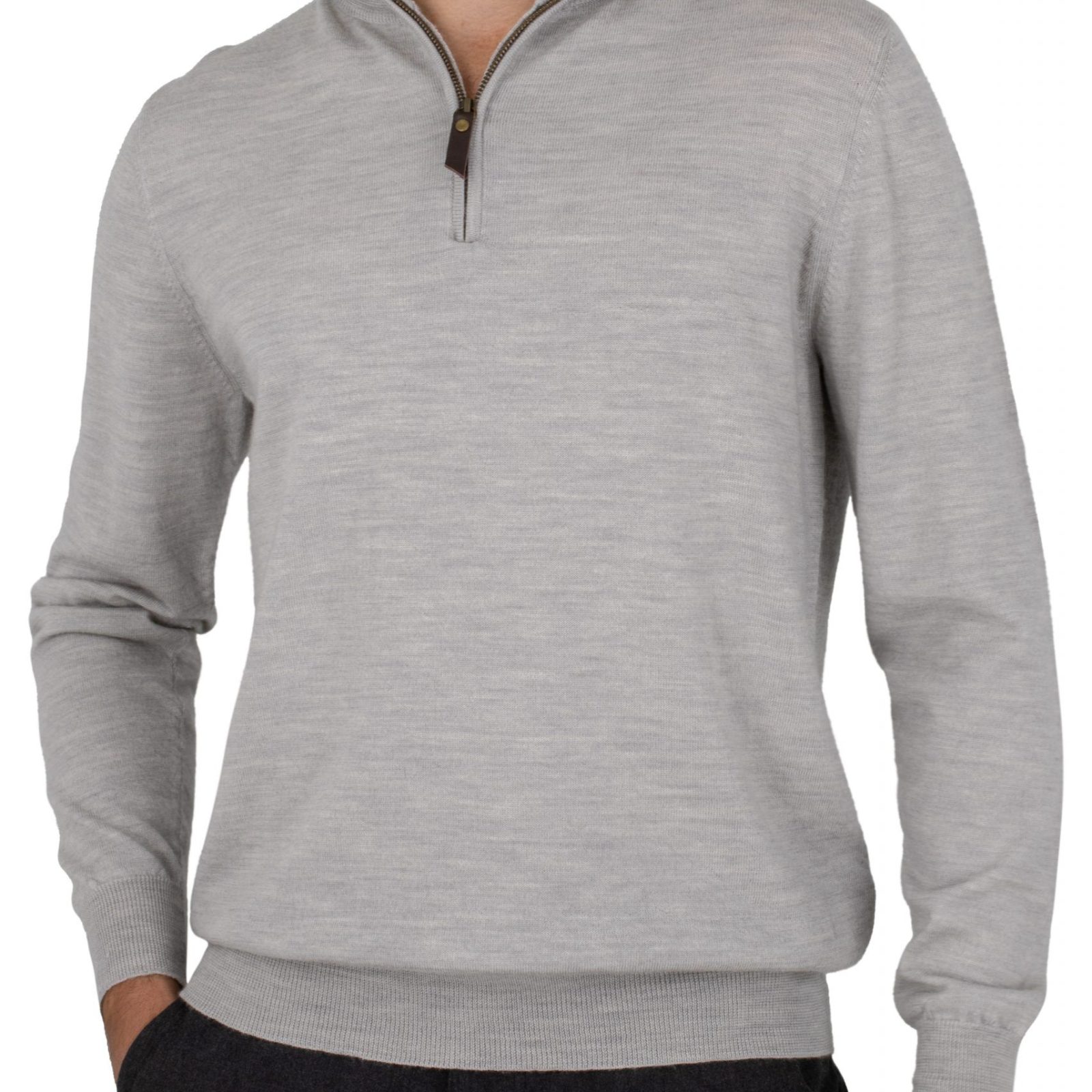 Miles-men’s-merino-zip-neck-jumper-silver-marl - Ochre Knitwear men’s merino zip neck jumper with long sleeves in silver marl colour, front view