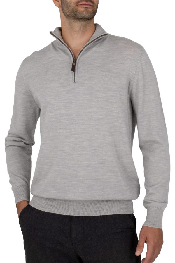 Miles-men’s-merino-zip-neck-jumper-silver-marl - Ochre Knitwear men’s merino zip neck jumper with long sleeves in silver marl colour, front view