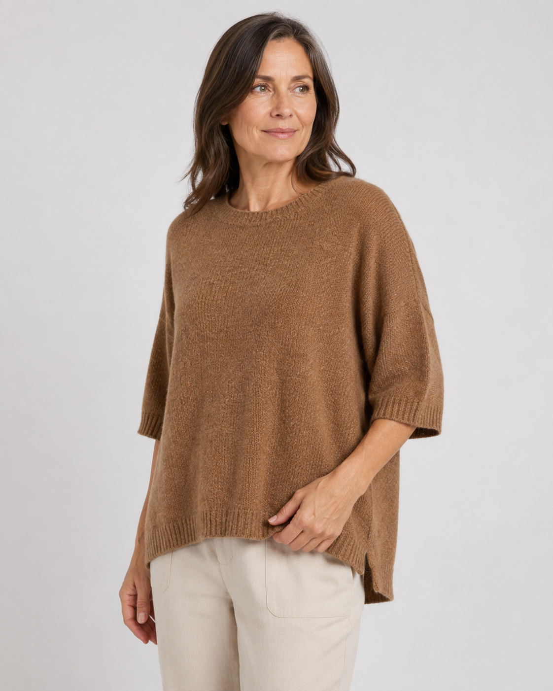 jumper with short sleeves in almond colour model view