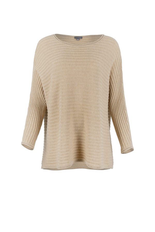 cotton jumper with long sleeves boat neck in camel colour front view