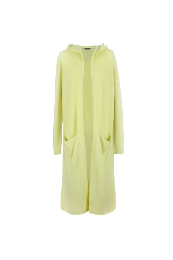 cashmere cardigan with hoodie and long sleeves in lime colour front view