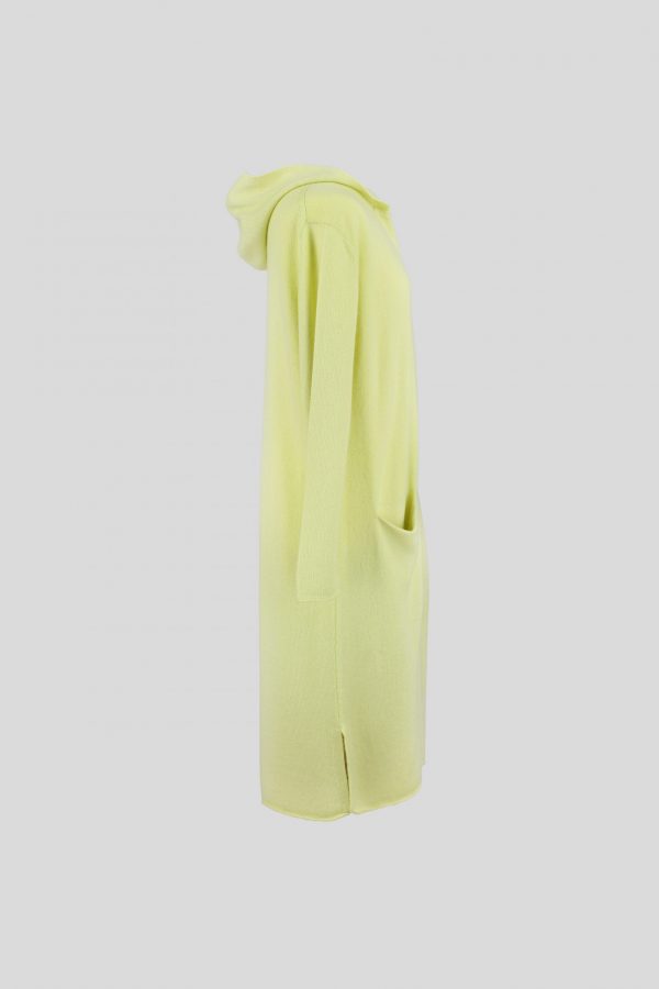 cashmere cardigan with hoodie and long sleeves in lime colour side view