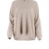 v neck sweater with long sleeves in oatmeal colour front view