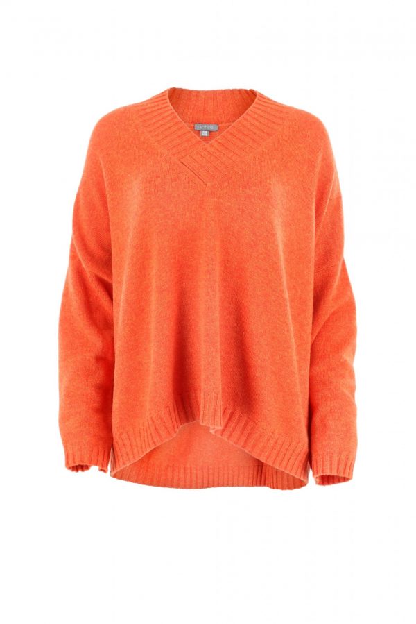 v neck sweater with long sleeves in flame colour front view