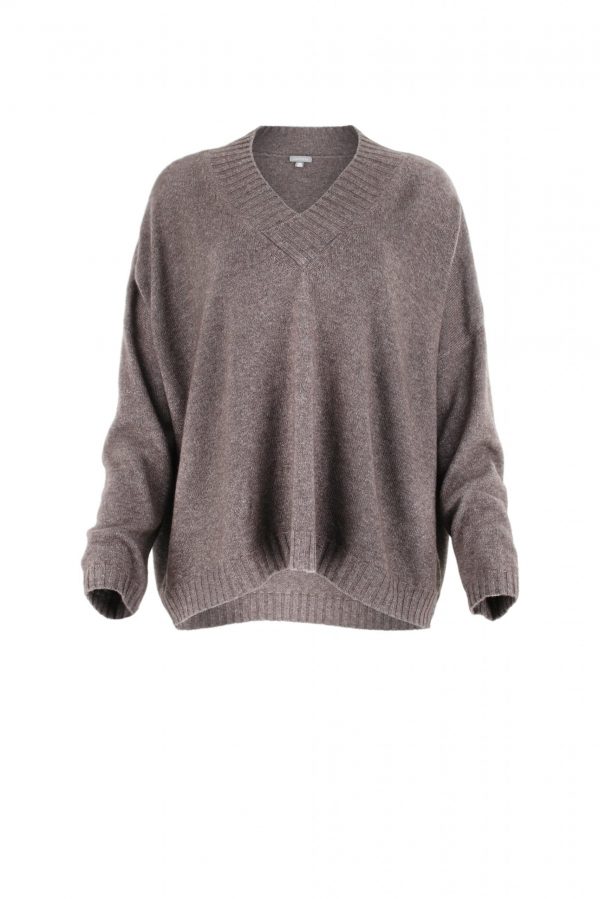 v neck sweater with long sleeves in otter colour front view