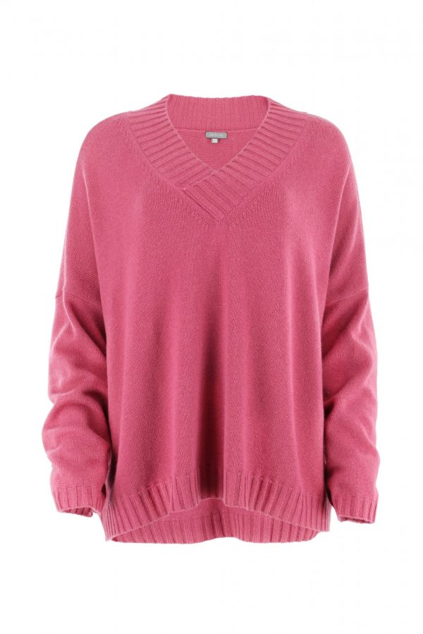 v neck sweater with long sleeves in raspberry colour front view