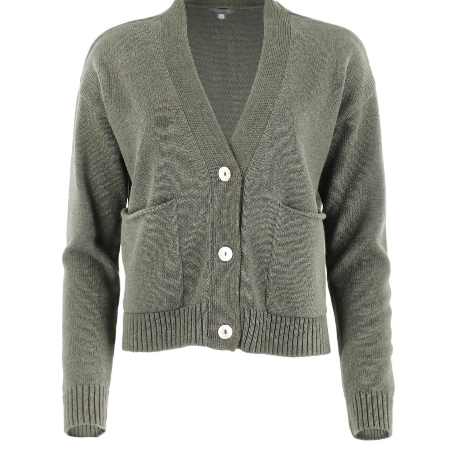 cotton cardigan with 3 buttons in silver dark olive colour long sleeves and pockets front view