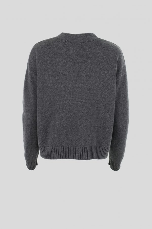 Gab-cotton-cardigan-graphite-colour-back-view - Ochre Knitwear cotton cardigan with 3 buttons in Gab graphite colour long sleeves and pockets back view