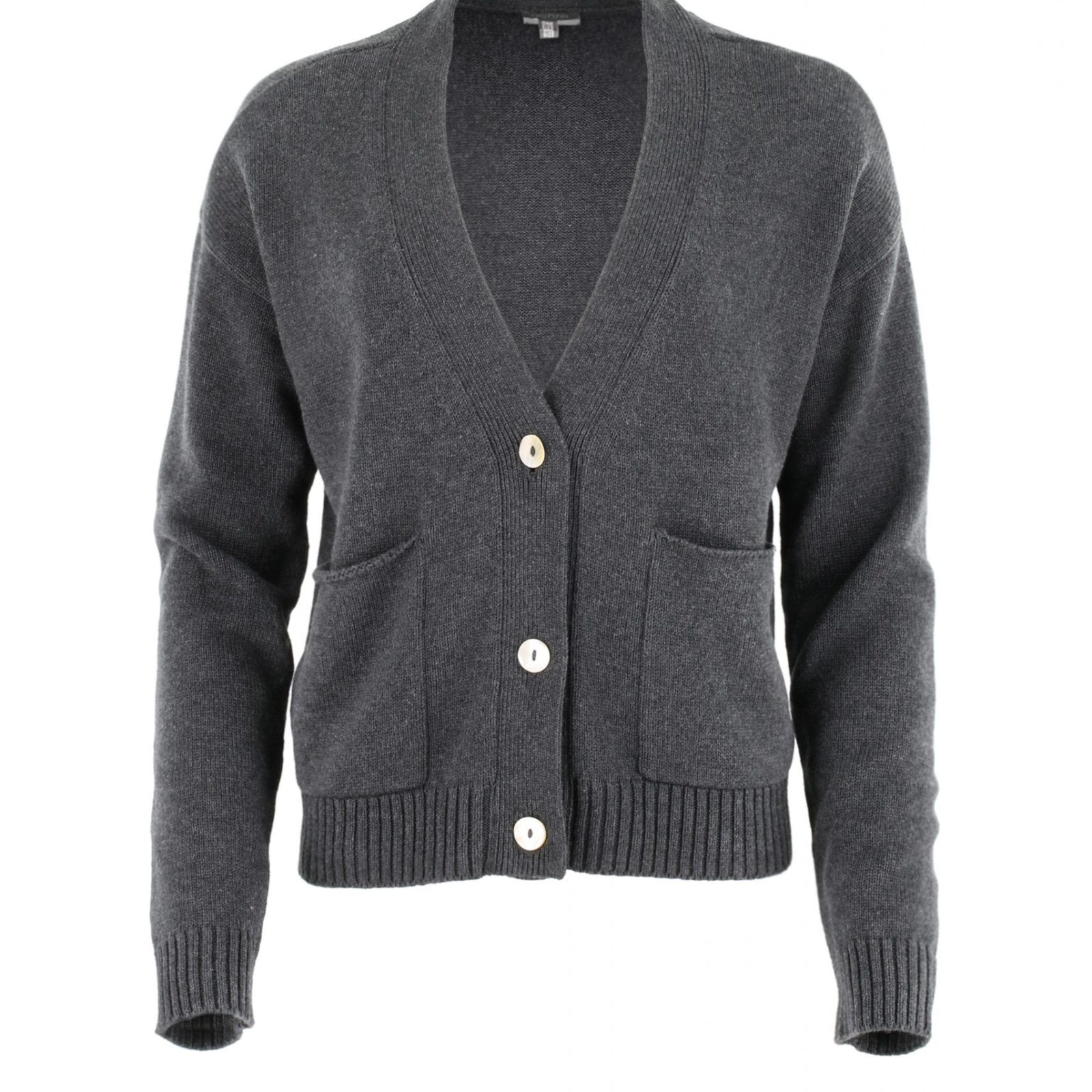 cotton cardigan with 3 buttons in Gab graphite colour long sleeves and pockets front view