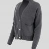 Gab-cotton-cardigan-graphite-colour-side-view - Ochre Knitwear cotton cardigan with 3 buttons in Gab graphite colour long sleeves and pockets side view