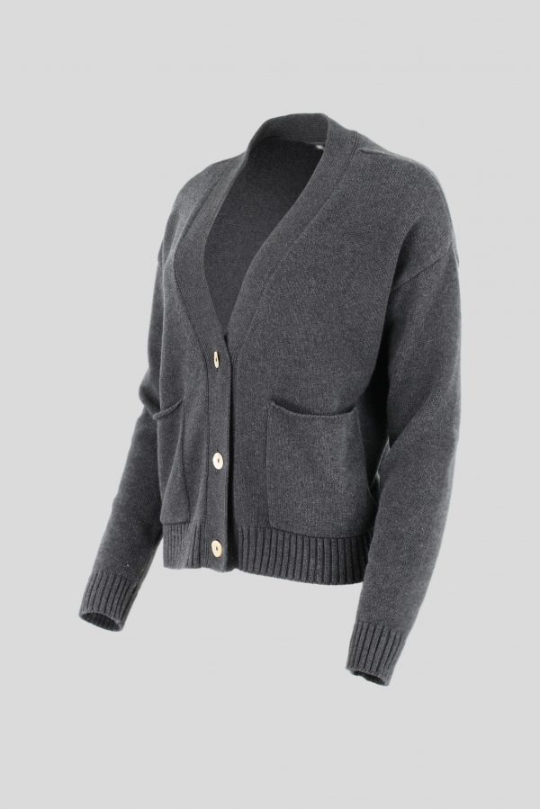 Gab-cotton-cardigan-graphite-colour-side-view - Ochre Knitwear cotton cardigan with 3 buttons in Gab graphite colour long sleeves and pockets side view