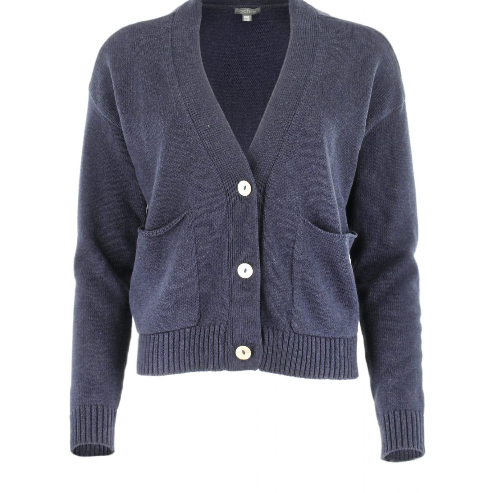 cotton cardigan with 3 buttons in navy colour long sleeves and pockets front view
