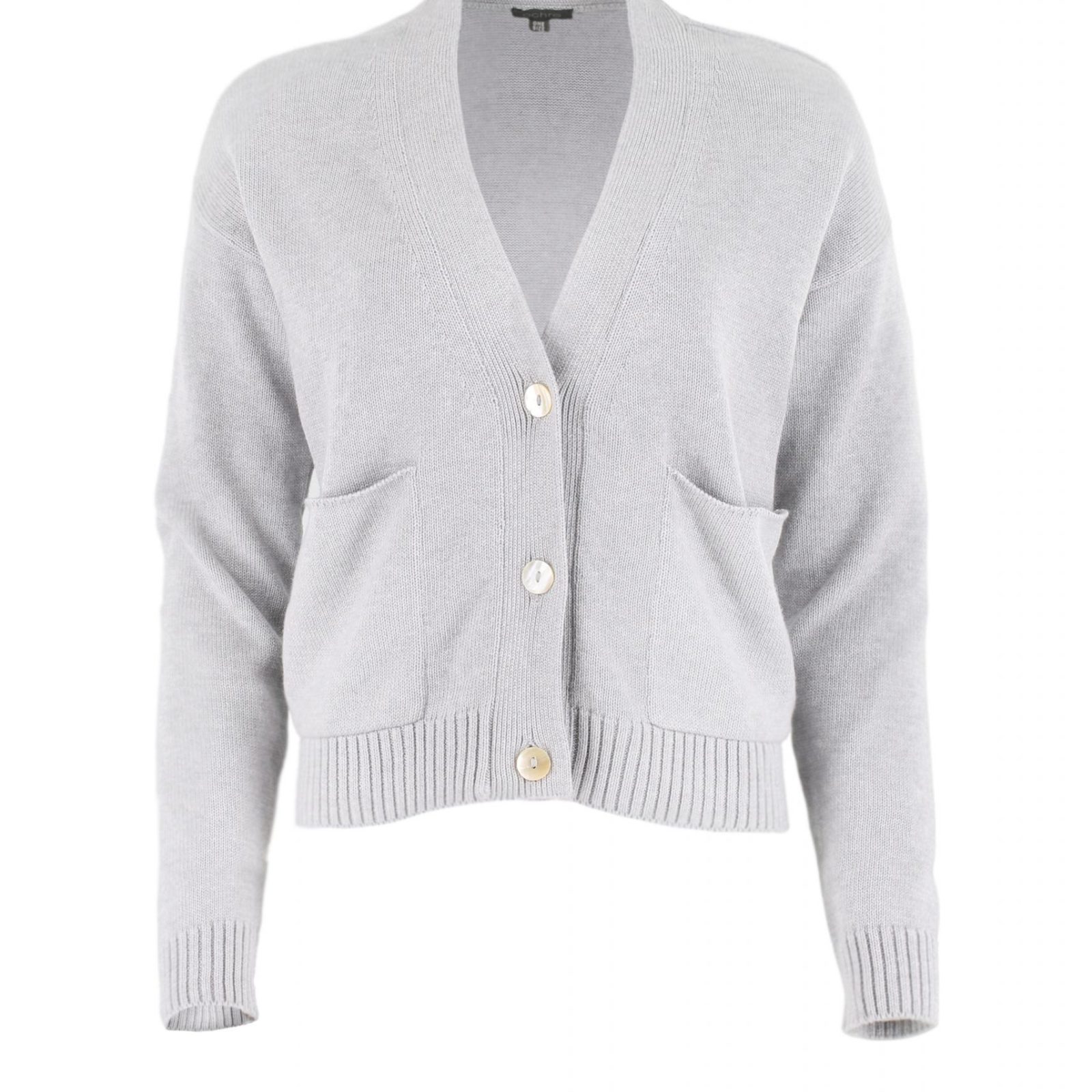 cotton cardigan with 3 buttons in silver grey colour long sleeves and pockets front view