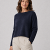 Pea-jumper-navy-front-view-model - Ochre Knitwear jumper short cut long sleeves in navy colour front view presented by model