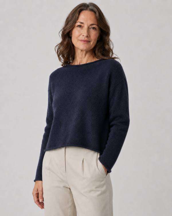 Pea-jumper-navy-front-view-model - Ochre Knitwear jumper short cut long sleeves in navy colour front view presented by model
