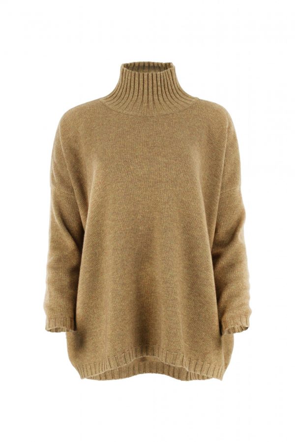 Rider-oversized-jumper-olive-colour-front-view - Ochre Knitwear oversized jumper with high neck long sleeves in olive colour front view