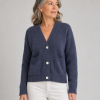 gab-cotton-cardigan-navy-colour - Ochre Knitwear cotton cardigan with patch pockets and 3 buttons in navy colour on lady