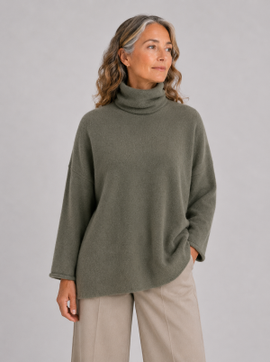 Pesto Sweater in Fir Green worn by a model, showing the soft polo collar, relaxed square shape and rolled sleeve edges.