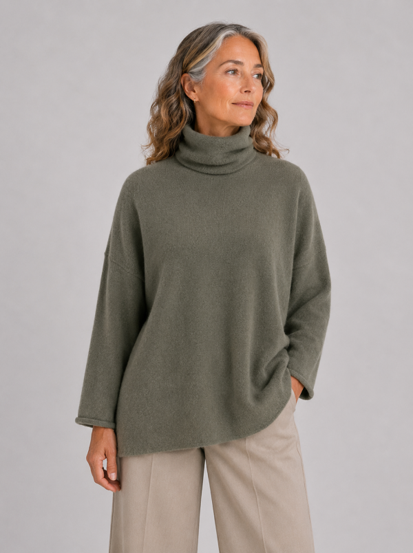 pesto-sweater-fir-green-model-front-view - Ochre Knitwear Pesto Sweater in Fir Green worn by a model, showing the soft polo collar, relaxed square shape and rolled sleeve edges.