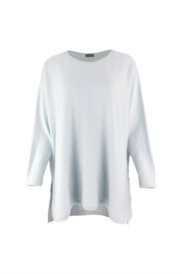 Greta-tunic-top-cloud-blue-colour-front-view-grey - Ochre Knitwear tunic top with long sleeves, boat neck and side split in cloud blue colour front view