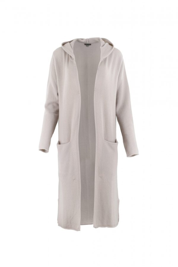 long hooded cardigan in mushroom colour front view
