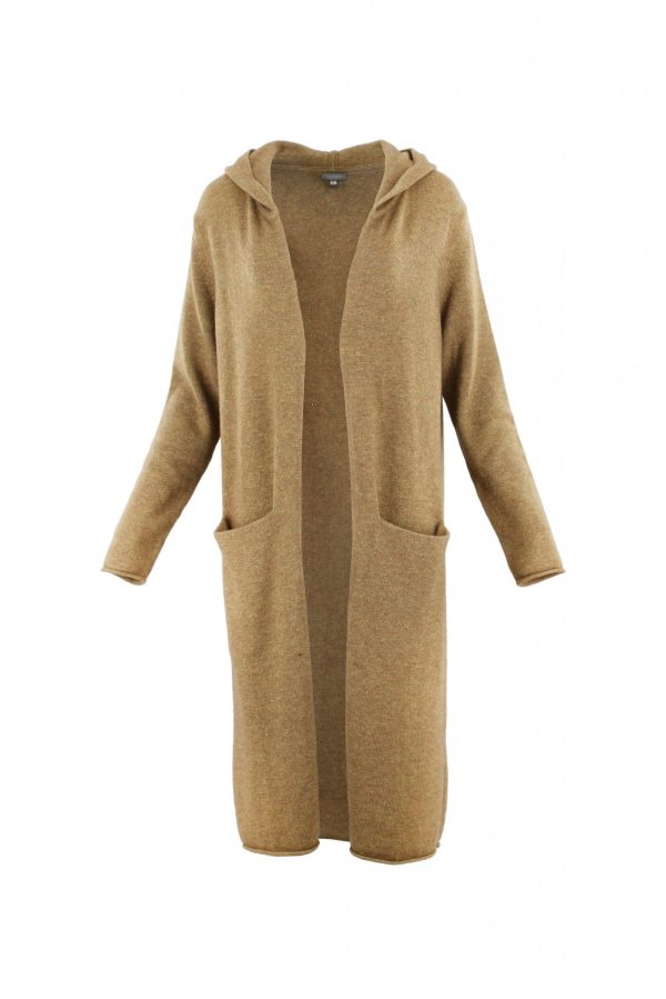 long hooded cardigan in olive colour front view
