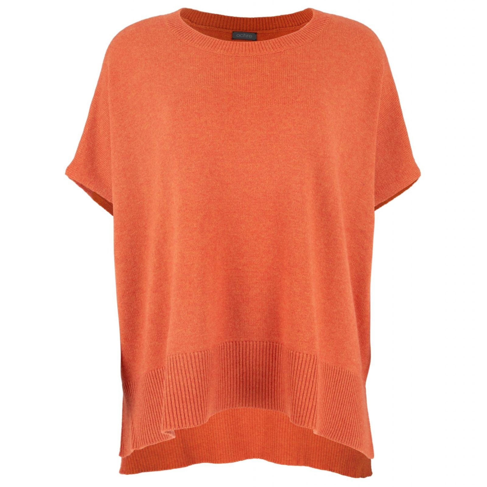 Siggy-cashmere-mix-jumper-flame-colour-front - Ochre Knitwear cashmere mix jumper, sleeveless in flame colour front view