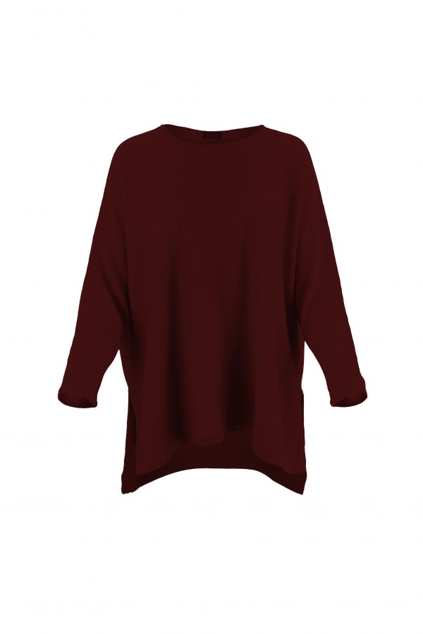 tunic top with long sleeves and turtle neck in burgundy colour front view