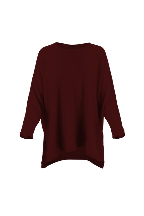 Greta-tunic-top-burgundy-colour-front-view - Ochre Knitwear tunic top with long sleeves and turtle neck in burgundy colour front view