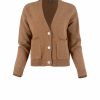cardigan with buttons and 2 patched pockets in almond colour front view