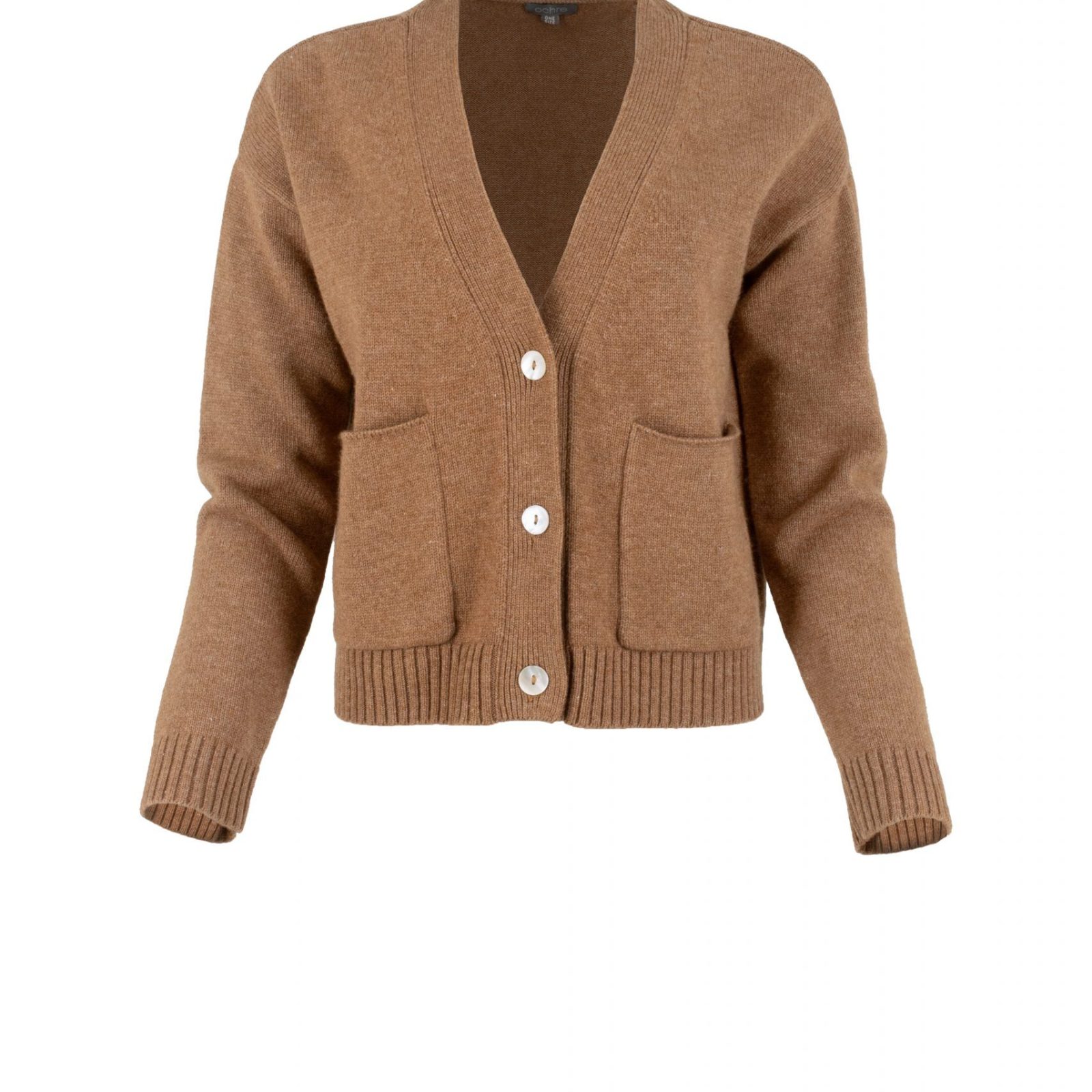 cardigan with buttons and 2 patched pockets in almond colour front view