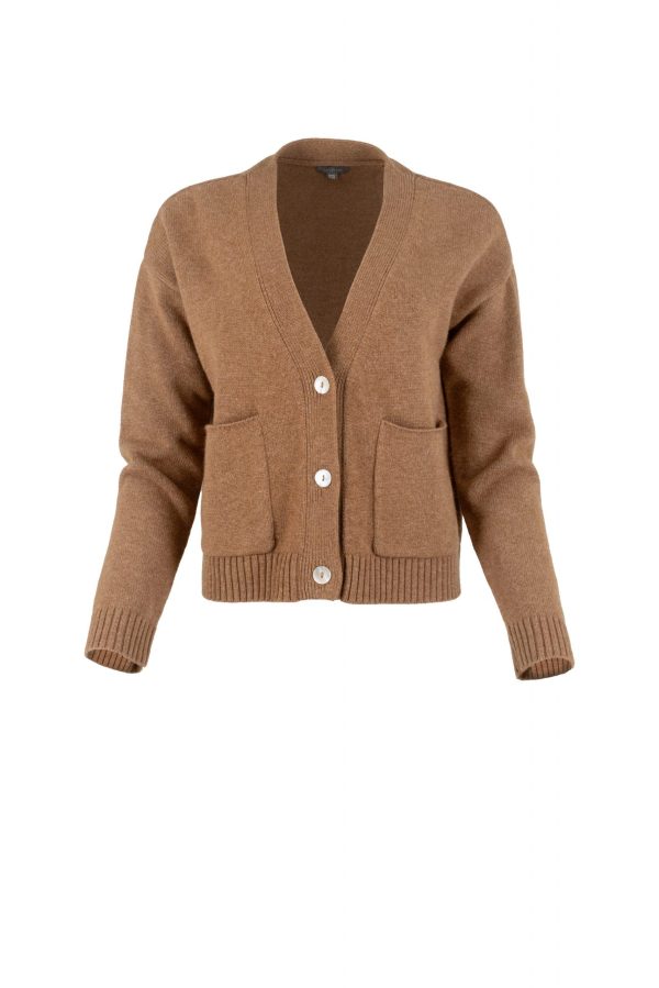 cardigan with buttons and 2 patched pockets in almond colour front view